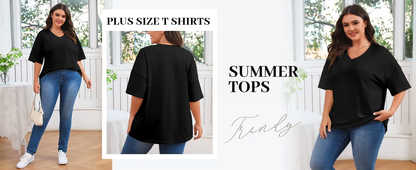 Fisoew Women's Plus Size V Neck T Shirts Summer Half Sleeve Tees Casual Loose Fit Cotton Tunic Tops