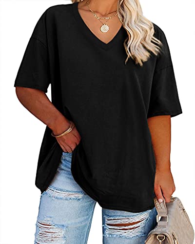 Fisoew Women's Plus Size V Neck T Shirts Summer Half Sleeve Tees Casual Loose Fit Cotton Tunic Tops