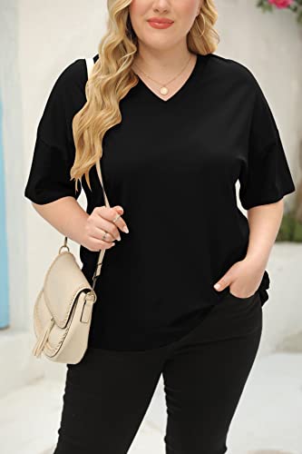 Fisoew Women's Plus Size V Neck T Shirts Summer Half Sleeve Tees Casual Loose Fit Cotton Tunic Tops