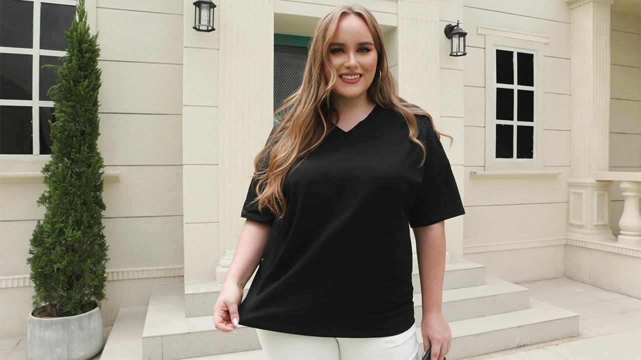 Fisoew Women's Plus Size V Neck T Shirts Summer Half Sleeve Tees Casual Loose Fit Cotton Tunic Tops