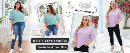 Fisoew Women's Plus Size V Neck T Shirts Summer Half Sleeve Tees Casual Loose Fit Cotton Tunic Tops
