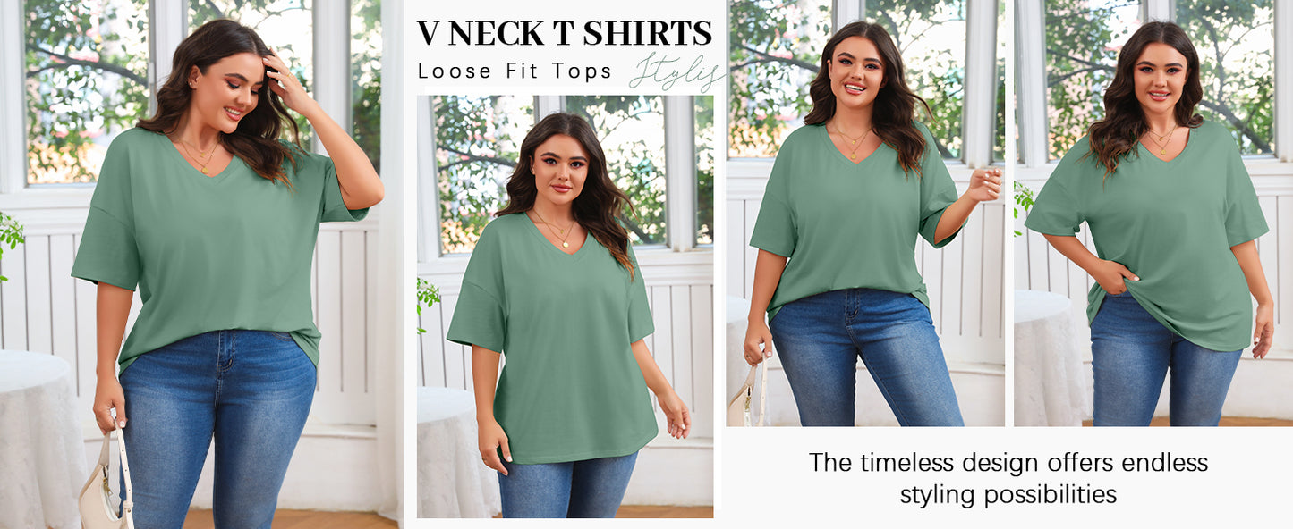 Fisoew Women's Plus Size V Neck T Shirts Summer Half Sleeve Tees Casual Loose Fit Cotton Tunic Tops