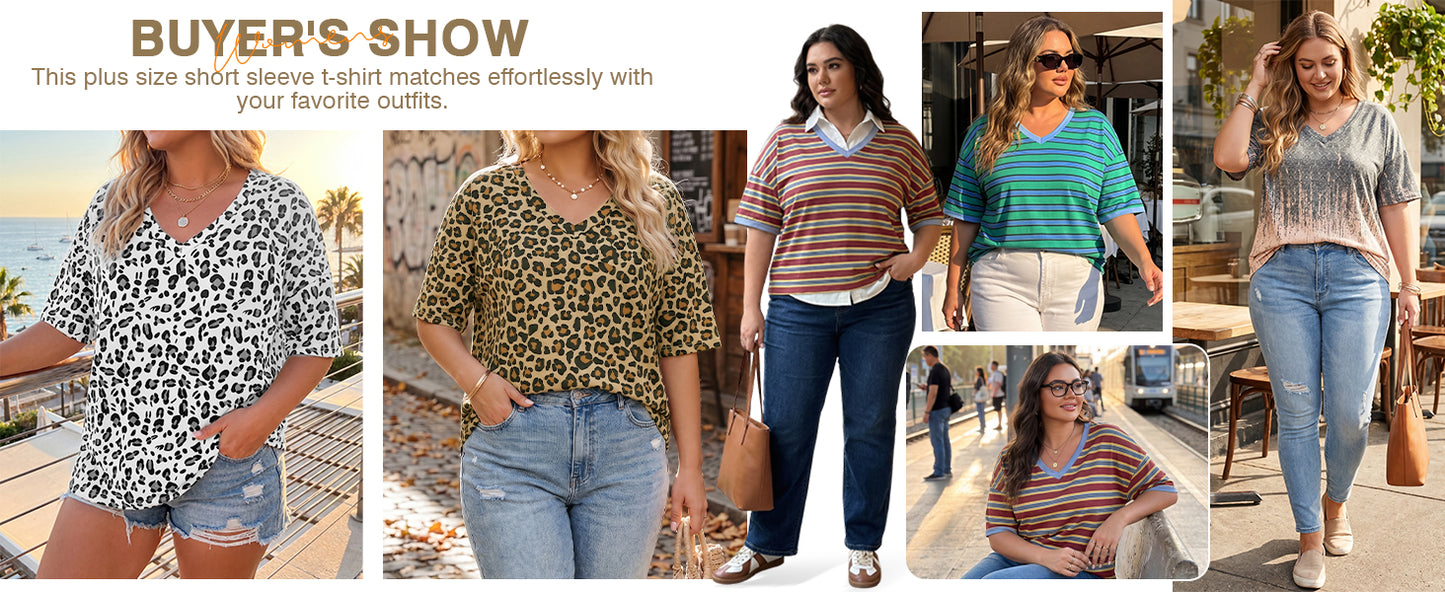Fisoew Women's Plus Size V Neck T Shirts Summer Half Sleeve Tees Casual Loose Fit Cotton Tunic Tops
