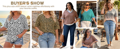 Fisoew Women's Plus Size V Neck T Shirts Summer Half Sleeve Tees Casual Loose Fit Cotton Tunic Tops